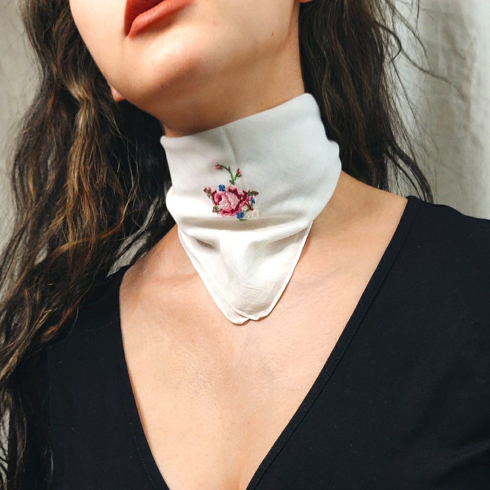 White Vintage Handkerchief with Floral Embroidery